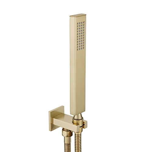 Brass Brushed Gold Hand Shower Head With Wall Connector and Hose Set | Modern Square High Pressure Wall Mount Handheld Showerheads Set - color: Brushed gold handheld set