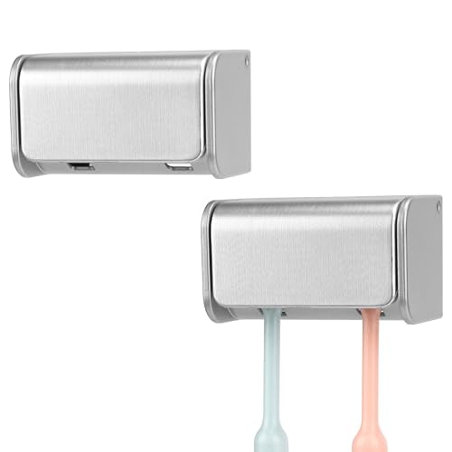 2 PCS Toothbrush Holder Wall Mounted with Cover for Bathroom, 2 Slots Toothbrush Storage Organizer for Shower, Self Adhesive Toothbrush Hanger Rack for Dorm, Cabinet (Brushed Silver) - color: Silver, size: 2 PACK