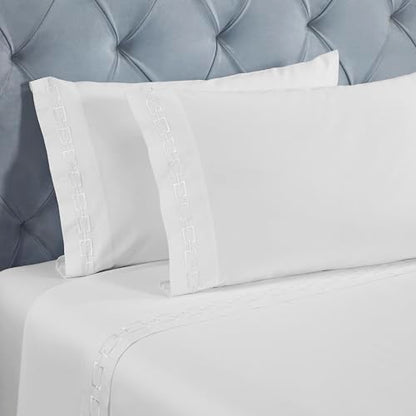 Superior Embroidered Cotton Bed Sheet Set, 1 Elastic Deep Pocket Fitted Sheet, 1 Flat Sheet, 2 Pillowcases, Daily Soft Sheets, Luxury, Unique Design, Chain Links Collection, Full Size, White/White - color: White-white, size: Full