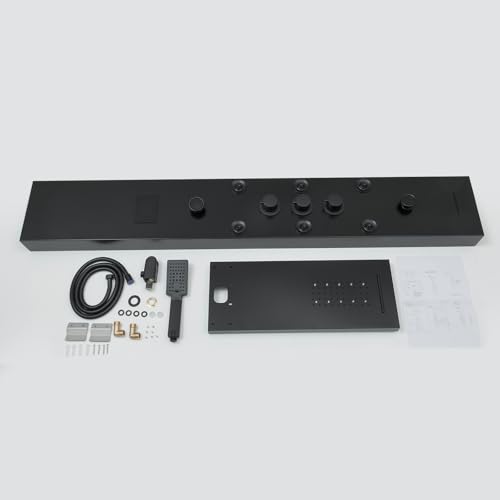 BWE Shower Panel Tower System LED Light Temperature Display 6-Function Stainless Steel shower system with Rainfall Waterfall Massage Body Jets Tub Spout and Handheld Shower, Matte Black