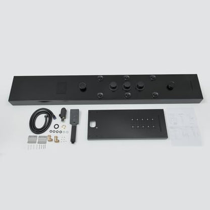BWE Shower Panel Tower System LED Light Temperature Display 6-Function Stainless Steel shower system with Rainfall Waterfall Massage Body Jets Tub Spout and Handheld Shower, Matte Black
