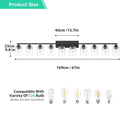 Matte Black Bathroom Vanity Light, 10-Light Modern Vanity Lighting Fixtures Over Mirror with Clear Glass Shade,Square Design,Wall Sconces for Living Room Cabinet Bedroom,E26 Socket - size: 10-Light