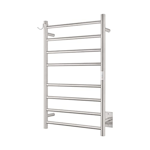 8-Bar Wall-Mounted Towel Warmer, Plug/Hardwired, 3 Timers | can be surface-mounted or flush-mounted, with wiring/cable exit available on either the right or left side,Brushed