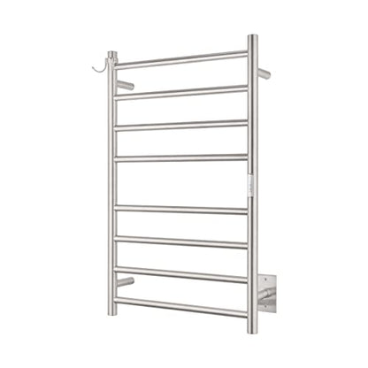 8-Bar Wall-Mounted Towel Warmer, Plug/Hardwired, 3 Timers | can be surface-mounted or flush-mounted, with wiring/cable exit available on either the right or left side,Brushed
