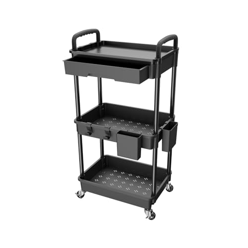 3 Tier Rolling Utility Cart with Drawer,REBECAT Utility Cart Made of Multifunctional Storage Organizer Tool for Kitchen,Bathroom,Living Room,Office(Black) - color: Black