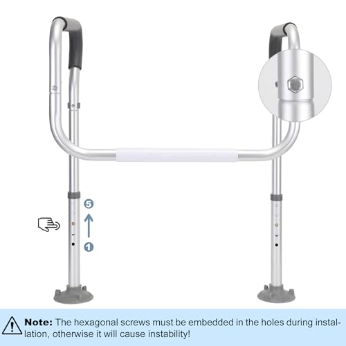 Toilet Safety Rail for Seniors, Toilet Grab Bars for Seniors and Disabled, Toilet Handles for Elderly with Adjustable Width and Height, 350 lb Weight Capacity | Fits standard and elongated toilets; non-slip foam grips and tool-free setup using existing se