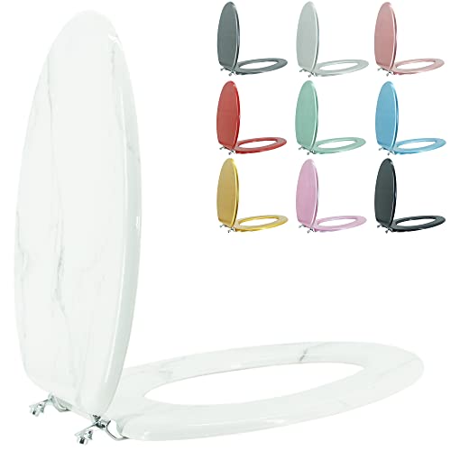 Elongated Toilet Seat Wood Toilet Seat Prevent Shifting with Zinc Alloy Hinges American Standard Size Toilet Seat Easy to Install also Easy to Clean(Elongated,Marble) - color: Marble, size: Elongated