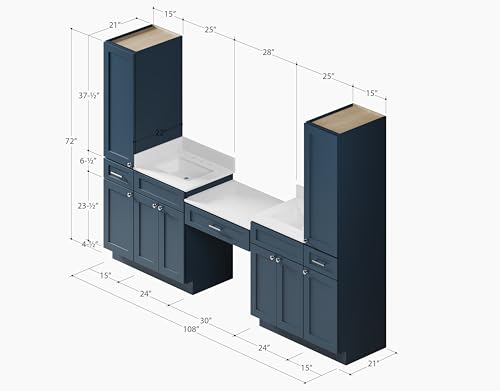 108" Double Sink Bathroom Vanity with Makeup Desk and Dual Linen Storage Towers, 3 Drawers, Carrara Quartz Top and Ceramic Sinks, Solid Wood Frame, 108" x 22" x 72" (Navy Blue) - color: Navy Blue