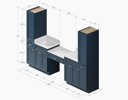 108" Double Sink Bathroom Vanity with Makeup Desk and Dual Linen Storage Towers, 3 Drawers, Carrara Quartz Top and Ceramic Sinks, Solid Wood Frame, 108" x 22" x 72" (Navy Blue) - color: Navy Blue