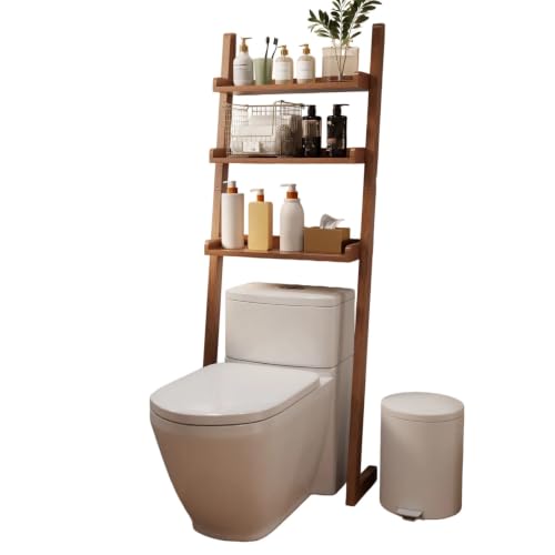 Over the Toilet Storage Shelf Solid Wood 3 Tier Leaning Ladder Rack | Solid Wood Construction, Wall-Mounted Leaning Design for Small Bathroom,Ideal for Apartment Renters(Brown) - color: Brown