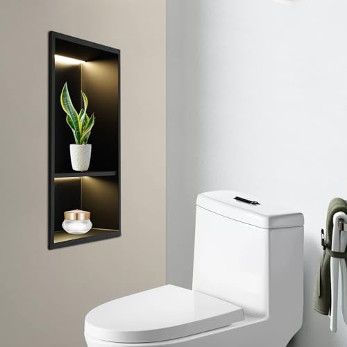 12x18in Inch Stainless Steel Shower Niche with LED Light, 2-Tier Recessed Bathroom Wall Niche Insert, Matte Black No Tile Needed Storage Shelf for Shower Organizers - size: 12x18in