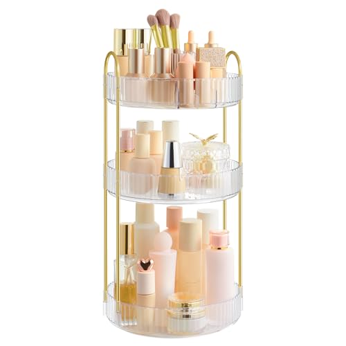 SONGMICS Makeup Organizer, 3-Tier Countertop, Customizable | Customizable skincare organizer countertop, round rotating, toiletries vanity organizer, lazy Susan, gift UJKA011W02 - color: Transparent, style: Round