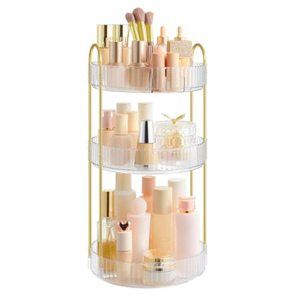 SONGMICS Makeup Organizer, 3-Tier Countertop, Customizable | Customizable skincare organizer countertop, round rotating, toiletries vanity organizer, lazy Susan, gift UJKA011W02 - color: Transparent, style: Round