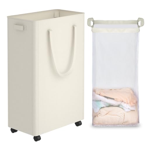 efluky Slim Laundry Hamper with Wheels and Removable Bag, Rolling Laundry Basket for Clothes, Small Laundry Basket for Bedroom, Dorm and Laundry Room, 75L (19.8 Gallons) Beige - color: Black, size: 75L with Bag
