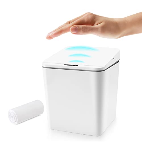 Automatic Small Countertop Trash Can with Lid, 1.5 Gal/6L Toucheless Mini Waste Bin for Office Desk/Bedside Table/Coffee Bar -Batteries, White - style: 6 Liter - 1.5 Gallon