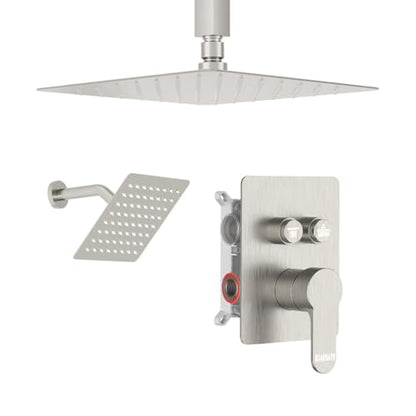Shower System Brushed Nickel, STARBATH 12" Ceiling Mount Rain Showerhead and 8" Wall Mounted Rainfall Shower for Couples, On Off Button Valve Dual Head Shower Systems Complete - color: Brushed Nickel, size: 12+8 inch-15