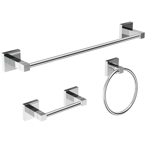 RUACQ Bathroom Accessories, 3-Piece Bathroom Hardware Set, Chrome | 18" Towel Bar & Toilet Paper Holder & Towel Ring, Towel Racks for Bathroom Wall Mounted, 304 Stainless Steel, Square Base - color: Chrome, size: 3pcs