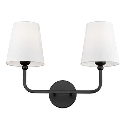 2-Light Matte Black Bathroom Vanity Light, White Fabric Shades | 17" double wall sconce, upward only, E26 base, hardwired, bulbs not included, VL837-MB-2 - color: Matte Black, size: 2-light