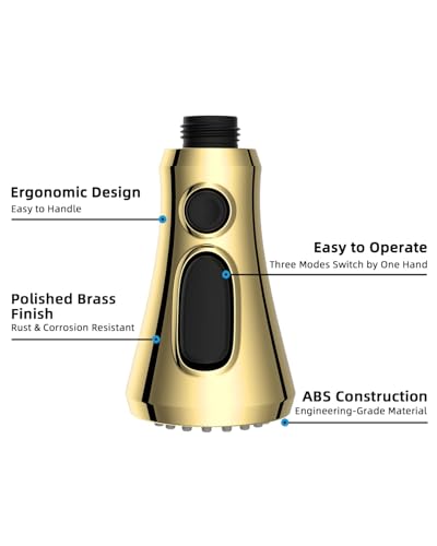Hibbent Pull Down Spray Head for Kitchen Faucet, NSF/ANSI/CAN 61 & CUPC Certified 3-Function Spray Nozzle, 14 Adapters, Sink Faucet Head Replacement Compatible with Moen, Delta, Kohler, Polished Brass - color: Polished Brass, style: 1.8 Gallon Per Minute