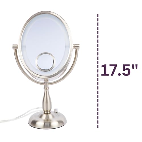 JERDON Lighted Makeup Mirror with 10X Magnification - Nickel - HL9510NL | Two-Sided 1X View, 8" x 10" Oval Frame, 15X Spot Mirror, 17.5" Tall - color: Nickel Tabletop