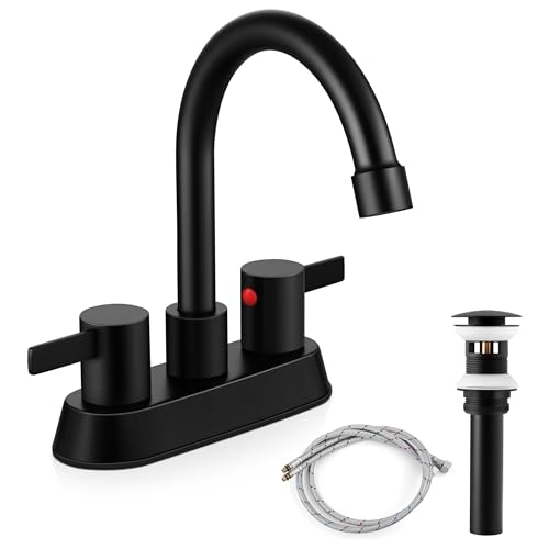 Herogo 2-Handle Centerset Bathroom Faucet Matte Black, Stainless Steel Vanity Sink Faucet 2-3 Hole with Drain Assembly, 360 Swivel Spout and Supply Hose for Farmhouse RV - color: Matte Black, style: Square Handles