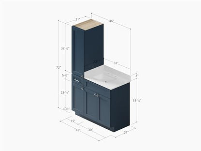 45" Bathroom Vanity with Linen Storage Tower, Carrara Quartz Top and Ceramic Sink, Left or Right Side Option, Solid Wood Frame, 46" x 22" x 72" (Navy Blue, Left Tall Cabinet) - color: Navy Blue