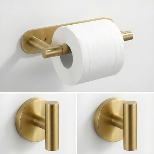 Bathroom Hardware Set Brushed Gold | Toilet Paper Holder, Double Robe Hook, Wall Mounted, Stainless Steel - color: Lasijin