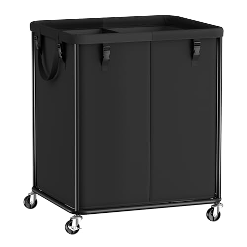 SONGMICS Laundry Basket with Wheels, Rolling Laundry Hamper with Steel Frame, Removable Liner Bag,55.4 Gallon (210 L), 2 Compartments, Ink Black URLS032BH01 - color: Ink Black, size: 210L-Rectangular