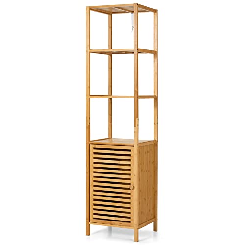 Tangkula Bathroom Cabinet, 65 Inch Tall Slim Bathroom Storage Cabinet with Shutter Door and 3 Open Shelves, Narrow Multifunctional Tower Cabinet, Natural Bamboo, 15.5 x 14.5 x 65 Inch - style: Tall Cabinet