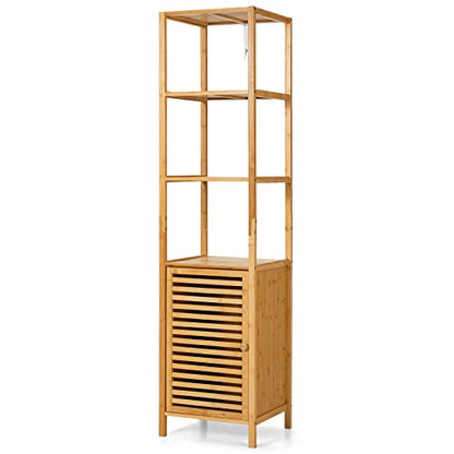 Tangkula Bathroom Cabinet, 65 Inch Tall Slim Bathroom Storage Cabinet with Shutter Door and 3 Open Shelves, Narrow Multifunctional Tower Cabinet, Natural Bamboo, 15.5 x 14.5 x 65 Inch - style: Tall Cabinet