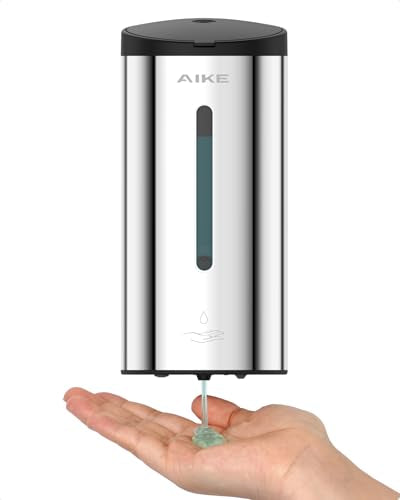 AIKE Automatic Liquid Soap Dispenser,25oz Capacity for Bathroom,Polished | No-Drill and Screw Wall Mount Install Design for Space-Saving,4*AA batteries(Not Included) Ensure Long Standby,Model AK1205E - color: Polished Stainless Steel