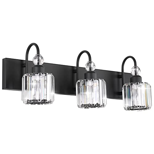Ralbay Modern Crystal Vanity Light 3-Lights Modern Crystal Vanity Lights for Bathroom Matte Black Crystal Bath Wall Light Fixtures Modern Black Crystal Bathroom Light Fixtures - color: Round-Black, size: 3-light