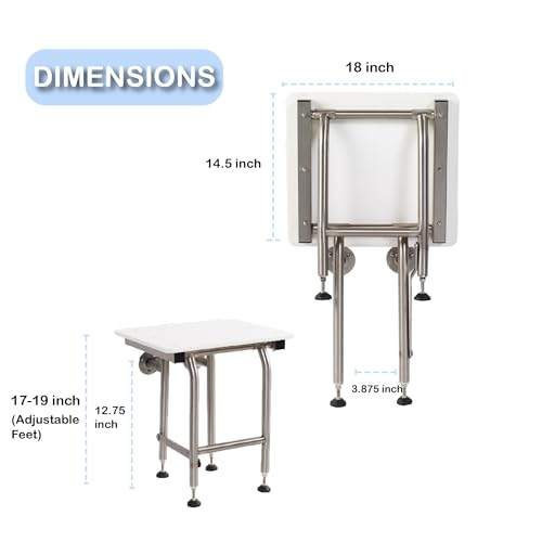 HDP Shower Seat With Legs - Heavy Duty Chair for Inside Shower 400lbs | 304 Stainless Steel | For Elderly and Disabled | Folding Wall Mounted Seat | 18" x 16" - size: 18
