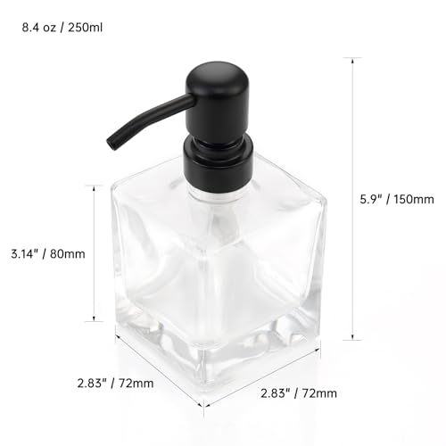 Square Bathroom Soap Dispenser Black, 8.4 oz Glass Bottles with Stainless Steel Pump Cube Liquid Hand Soap Dispenser Kitchen - color: Black