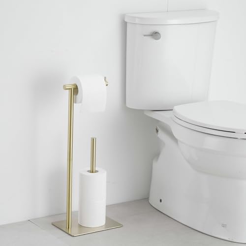 FFK Toilet Paper Holder Free Standing, 21.5" Bathroom Toilet Tissue Roll Holder Stand with Storage, SUS304 Stainless Steel Rustproof, Gold - color: Brushed Gold