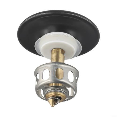 Bathroom Basin Drain With Strainer Basket For Countertop Bathtub, Brass And Ceramic Up Stopper(Black) - color: Black