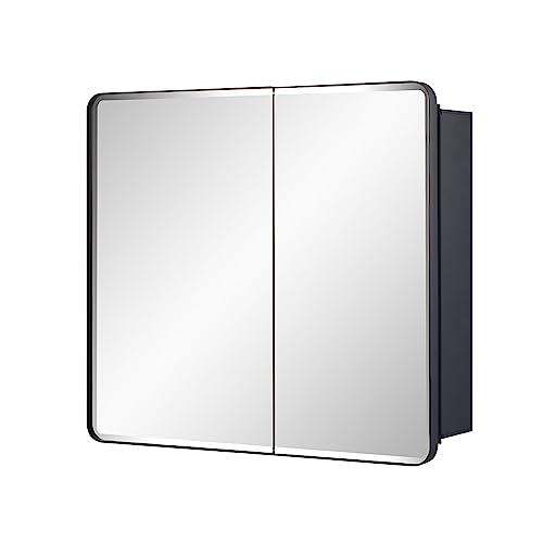 Black Bathroom Medicine Cabinet with Round Corner Framed Door and Beveled Edge Mirror 22 x 20 inch, Recessed or Surface Mount, with Adjustable Glass Shelves - size: 22 x 20 inch