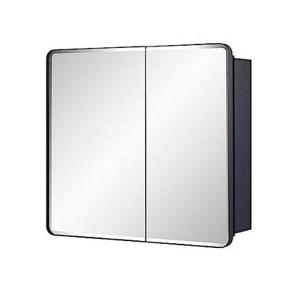 Black Bathroom Medicine Cabinet with Round Corner Framed Door and Beveled Edge Mirror 22 x 20 inch, Recessed or Surface Mount, with Adjustable Glass Shelves - size: 22 x 20 inch
