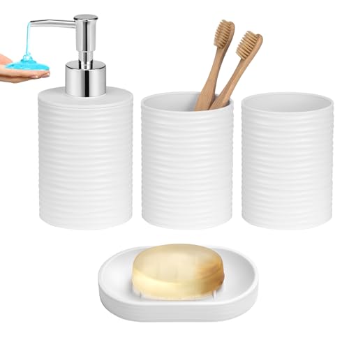 Plastic Bathroom Accessories Set 4Pcs, White Bathroom Accessory Set Includes Liquid Soap Dispenser with Rust-Proof Plastic Pump, 2Pcs Bathroom Cup, Soap Dish for Modern Home Apartment - color: White