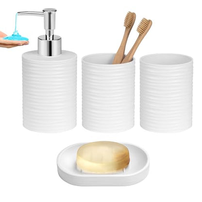 Plastic Bathroom Accessories Set 4Pcs, White Bathroom Accessory Set Includes Liquid Soap Dispenser with Rust-Proof Plastic Pump, 2Pcs Bathroom Cup, Soap Dish for Modern Home Apartment - color: White