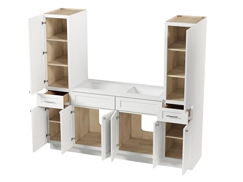 DISAR 78" Double Sink Bathroom Vanity with Dual Linen Storage Towers, Carrara Quartz Top and Ceramic Sinks, Solid Wood Frame, 4 Piece Design, 78" x 22" x 72" (White) - color: White