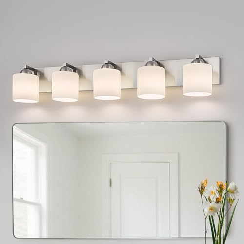 mirrea 5-Light Brushed Nickel Bathroom Vanity Light with White Glass Shades | Over Mirror,Wall Sconce,ETL listed,Bathroom Lighting Fixtures,Elegant Design,Milk White Glass Shade,Easy Installation - color: Brushed Nickel, size: 5-light