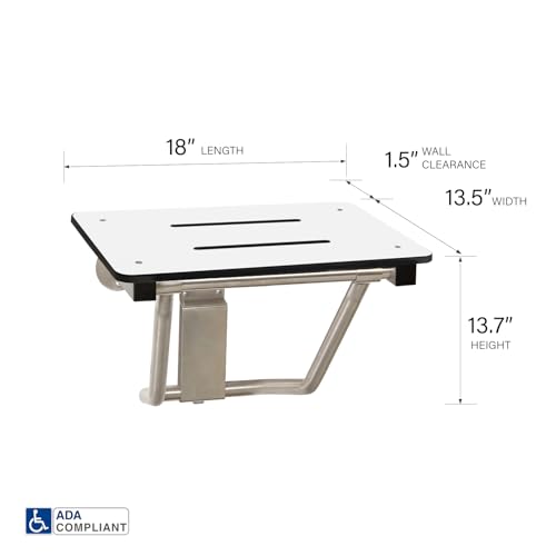 Seachrome Lift-Assist Shower Seat, Yoke-Style Bench, Wall Mount, 18" x 15", Solid White Phenolic - color: White, size: 18 inch
