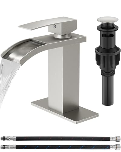 Brushed Nickel Waterfall Bathroom Faucet 1-Handle Vanity Faucet | Stainless Steel Modern Bathroom Sink Faucet,Pop-Up Drain, Supply Lines 6-in Deck Plate, 1- or 3-Hole, NSF Certified - color: Nickel