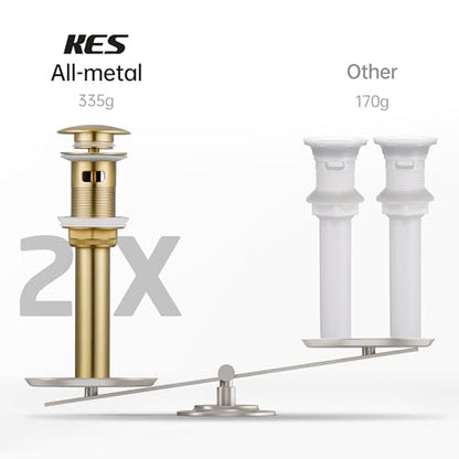 KES Vessel Sink Drain Pop Up Drain with Overflow Bathroom Stopper Assembly Brushed Gold for 1.6"-1.9" Sink Hole, All Metal Rustproof Brass and 304 Stainless Steel, S2008A-BZ | Brass and 304 Stainless Steel, Vanity Bathroom Stopper Assembly, Bathroom Use,