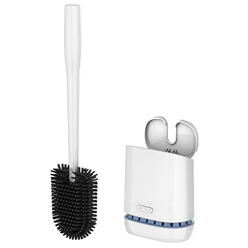 MR.SIGA Toilet Bowl Brush and Holder, Wall Mounted Toilet Brush, White | Automatic lid design, sturdy handle, upgraded ventilation, flat rubber head dries quickly - color: White, size: 4.8"L x 3.1"W x 15.7"H