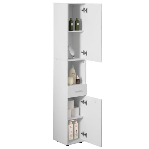 71.5 Inches Tall Thin Corner Shelf Floor Cabinet with 2 Doors, 1 Drawer, Freestanding Linen Tower Cabinet - Perfect for Bathroom, Living Room, Kitchen or Home Office, White