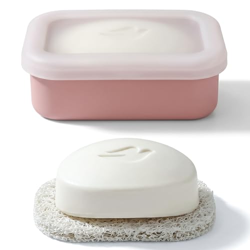 HighHerz Compact Leak Proof Silicone Travel Soap Case with Draining Tray - Portable Bar Soap Container - 2026 Upgrade Travel Essentials for Camping, Gym & Shower (Clear Pink) - color: Clear Pink