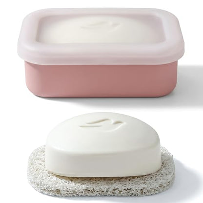 HighHerz Compact Leak Proof Silicone Travel Soap Case with Draining Tray - Portable Bar Soap Container - 2026 Upgrade Travel Essentials for Camping, Gym & Shower (Clear Pink) - color: Clear Pink