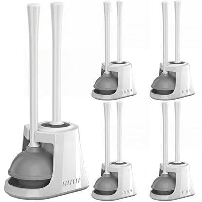 Reallnaive 4 Set Toilet Plunger and Brush Set with Ventilated Holder 2 in 1 Toilet Bowl Brush and Heavy Duty Plunger Combo Bathroom Cleaning Kit for Home and Commercial Bathrooms Drainage(White) - color: White